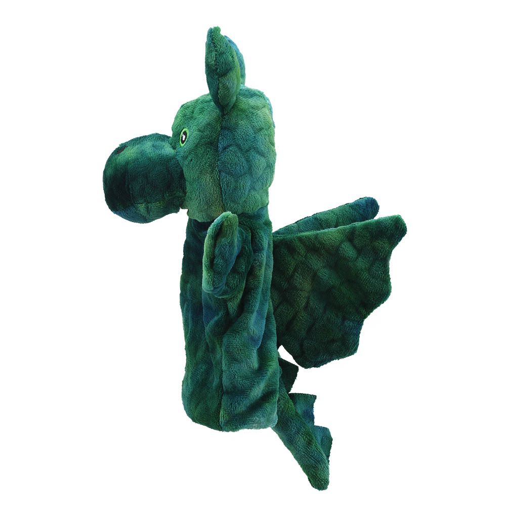 The Puppet Company baby hand puppet green dragon, back view with outstretched wings