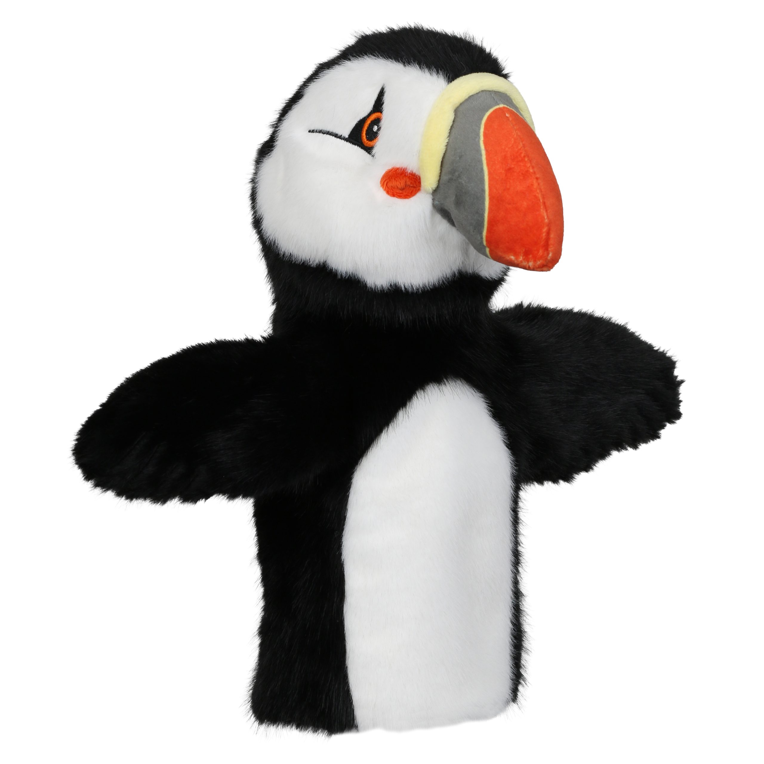 Puppet Company Puppet Buddies puffin hand puppet, black and white plush figure with large orange and grey beak and outstretched wings