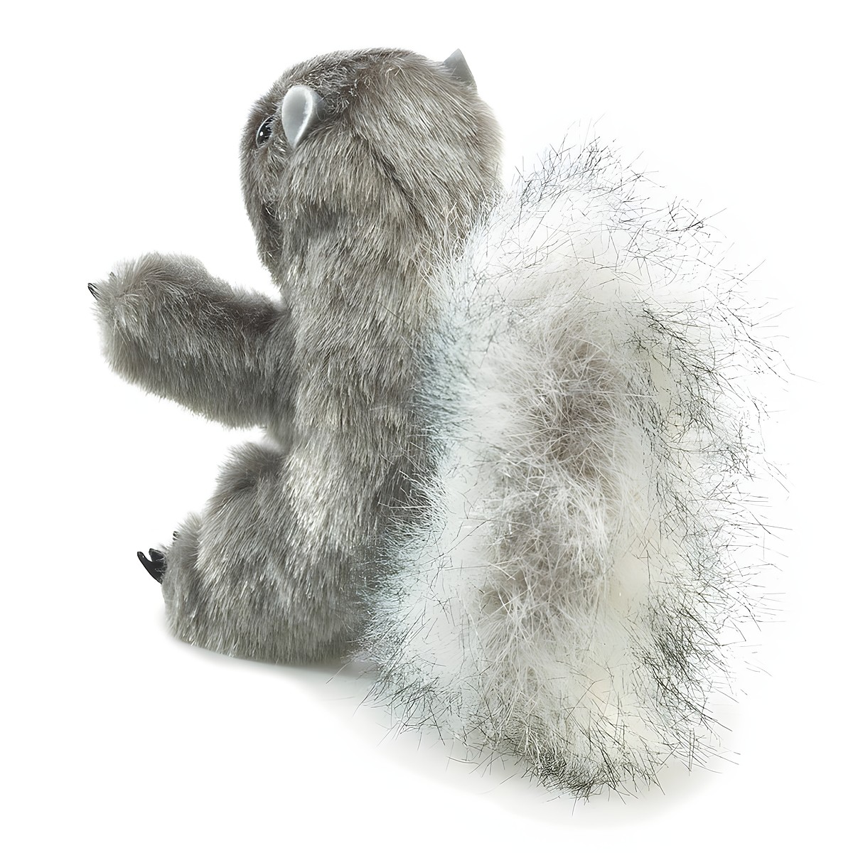 Folkmanis mini grey squirrel finger puppet with a bushy white-grey tail, seen from the back side
