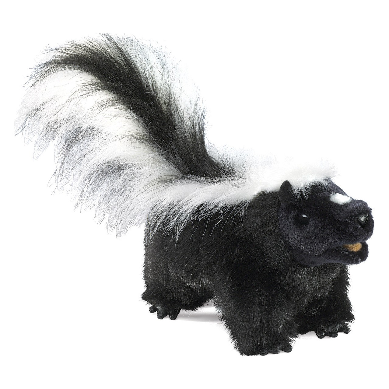 Folkmanis skunk hand puppet with black plush fur, white stripes and a bushy raised tail, shown from the side