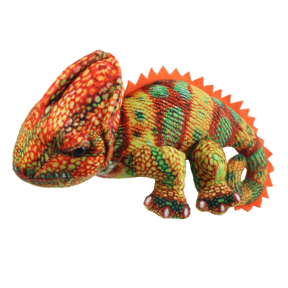 The Puppet Company Little Creatures finger puppet chameleon orange, orange and green patterned finger puppet with a jagged back