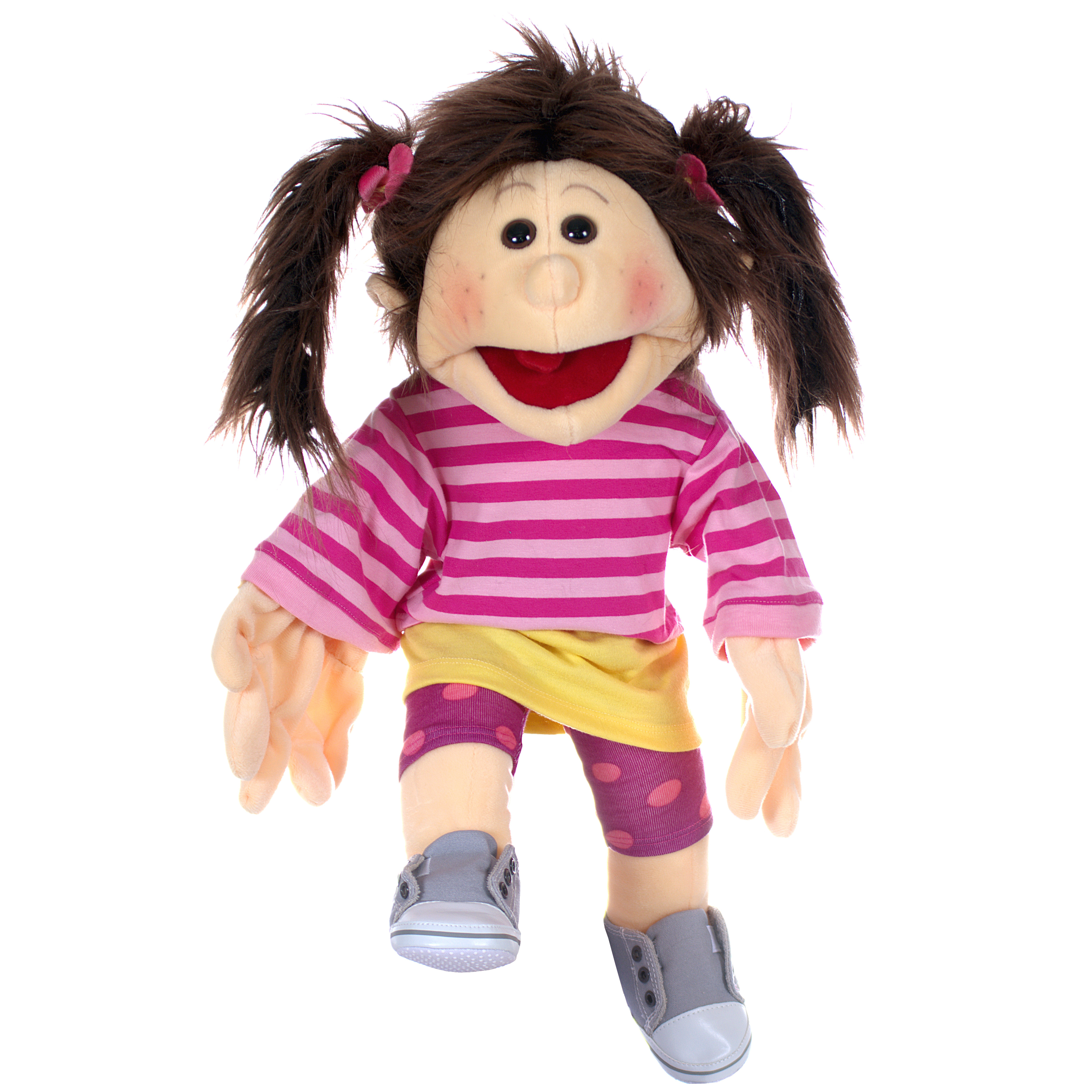 Living Puppets hand puppet Little Finja with brown pigtails, pink striped shirt, yellow skirt and grey trainers, one hand reaching forward