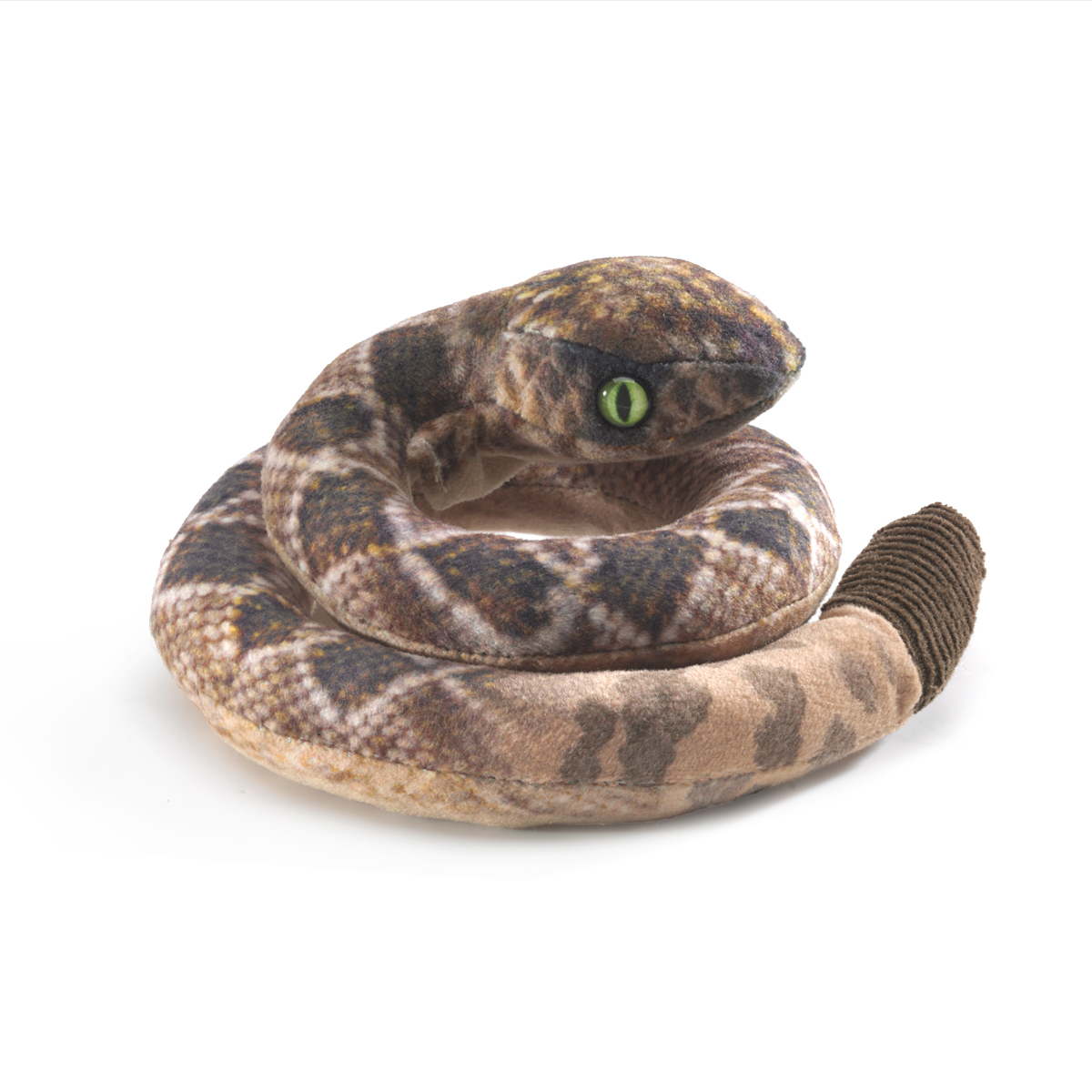 Folkmanis mini rattlesnake finger puppet coiled with a green slit eye and textured rattle on the tail