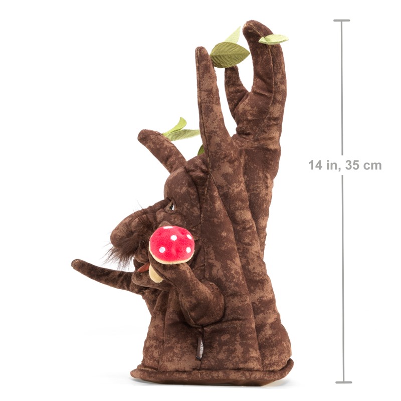 Folkmanis Enchanted Tree hand puppet in brown plush with green leaves, a grumpy face and a red fly agaric mushroom, side view, 35 cm