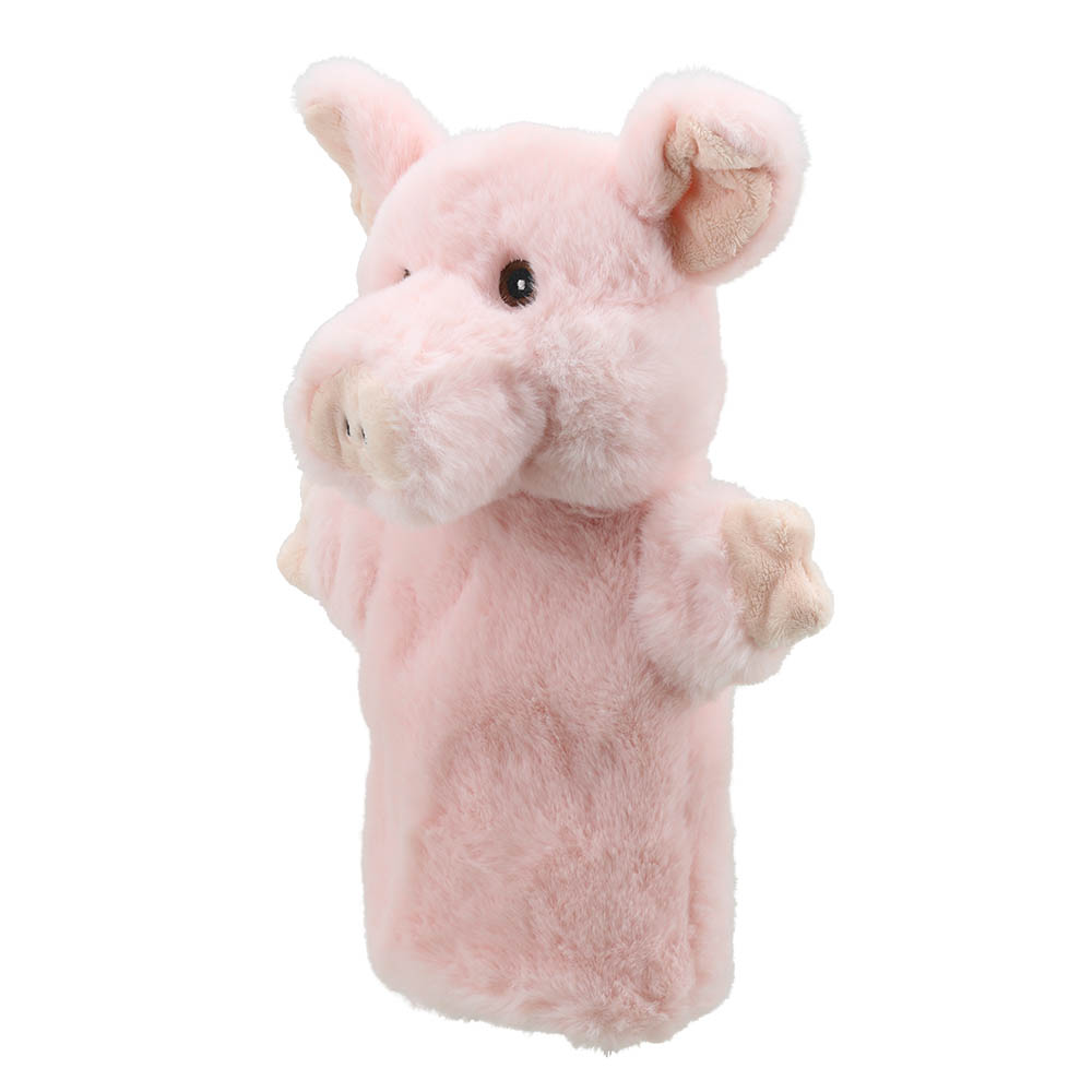 The Puppet Company baby hand puppet pig, pink pig with a pointed snout, close-up view