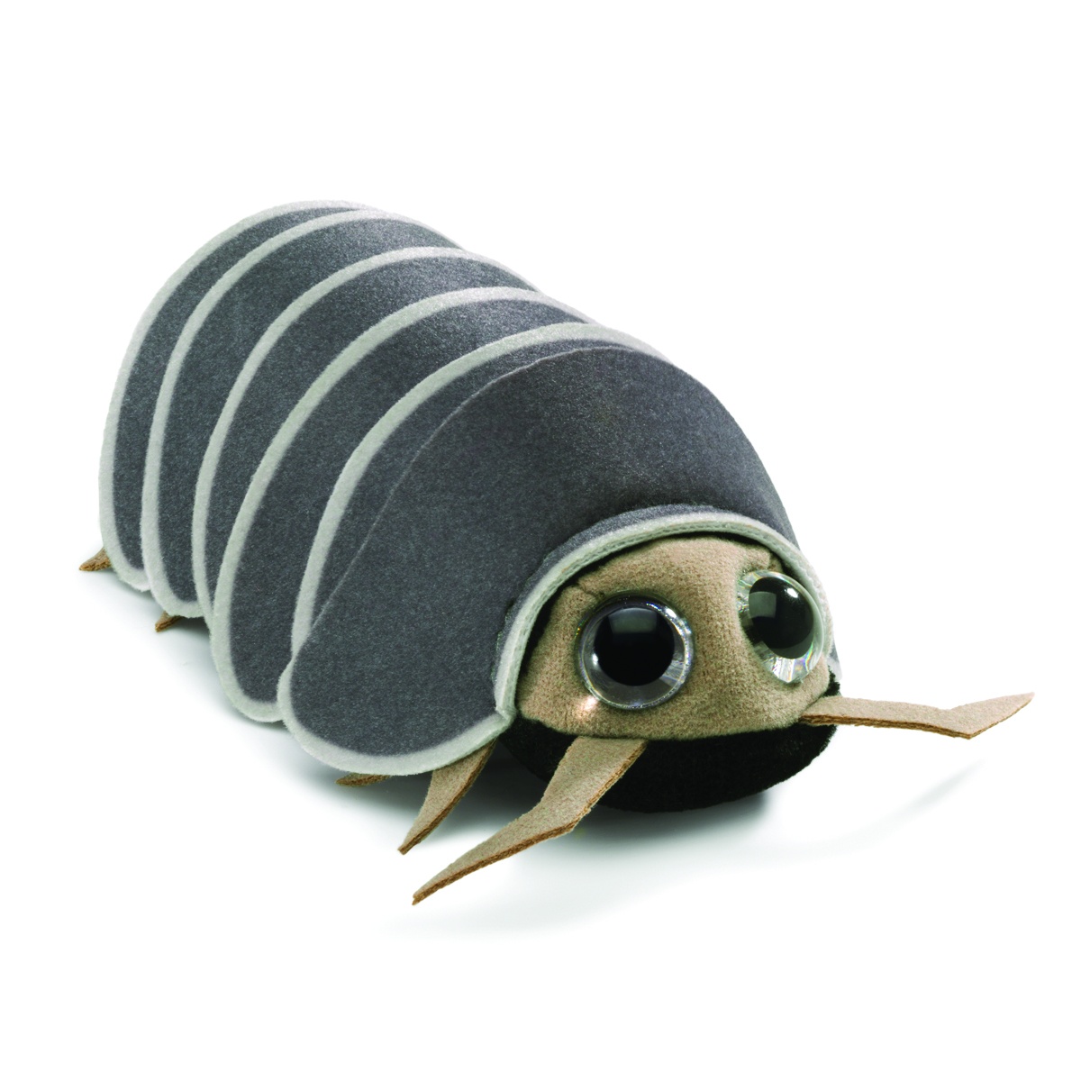 Folkmanis mini woodlouse finger puppet in grey with a segmented back, large glass eyes and beige feeler legs, angled view