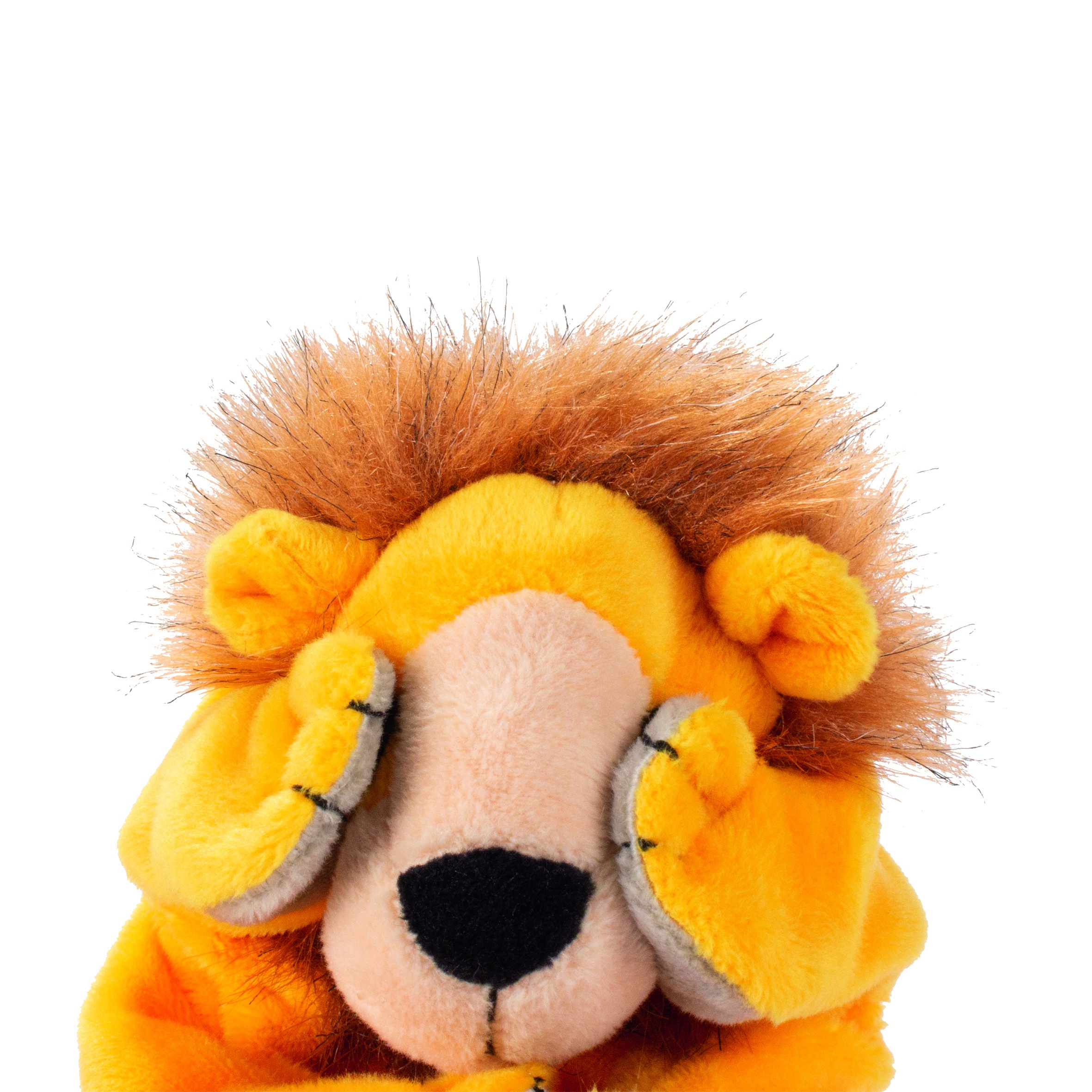 Beleduc hand puppet lion, close-up of the head with paws covering the eyes, front view