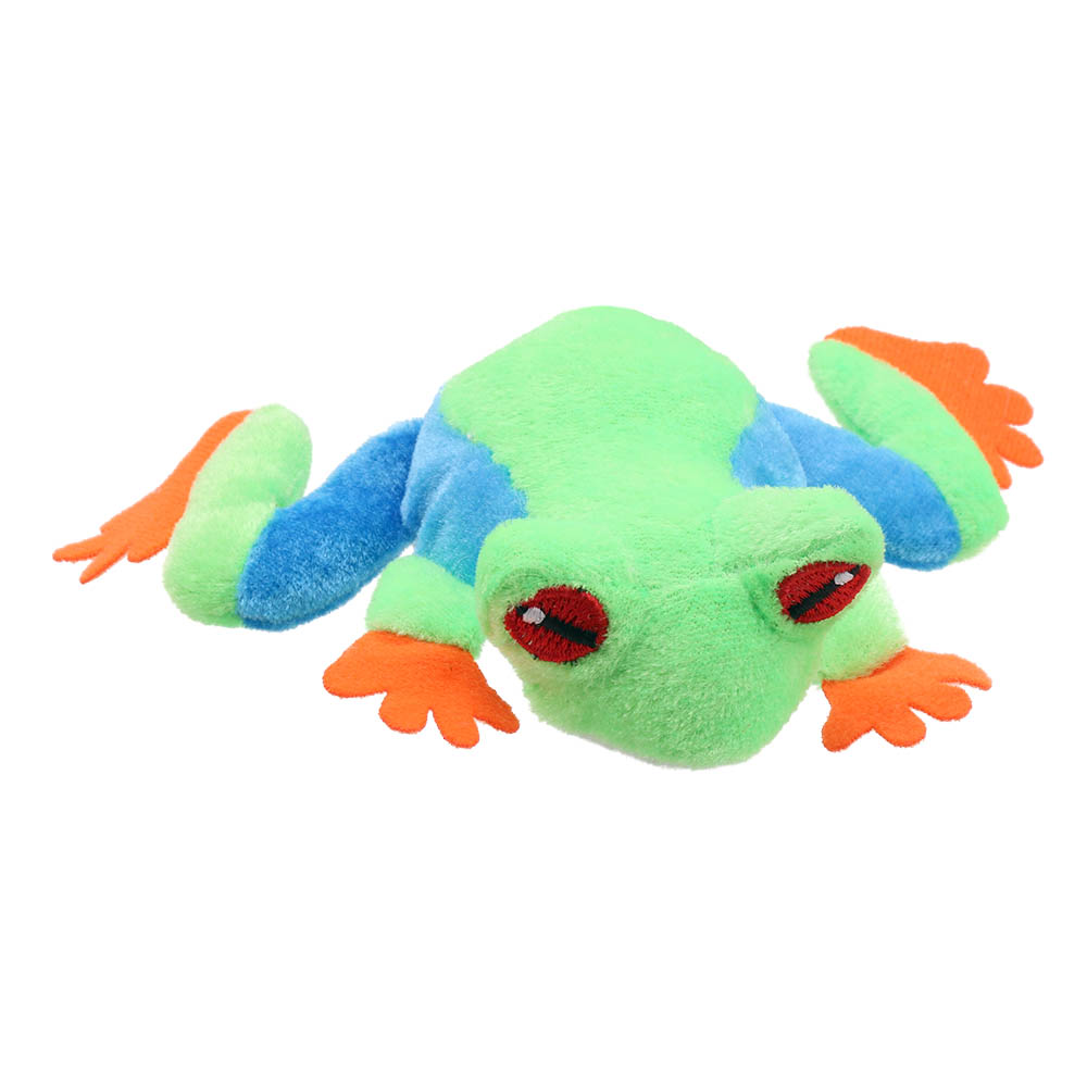The Puppet Company finger puppet tree frog, green and blue lying finger puppet with orange toes and red eyes