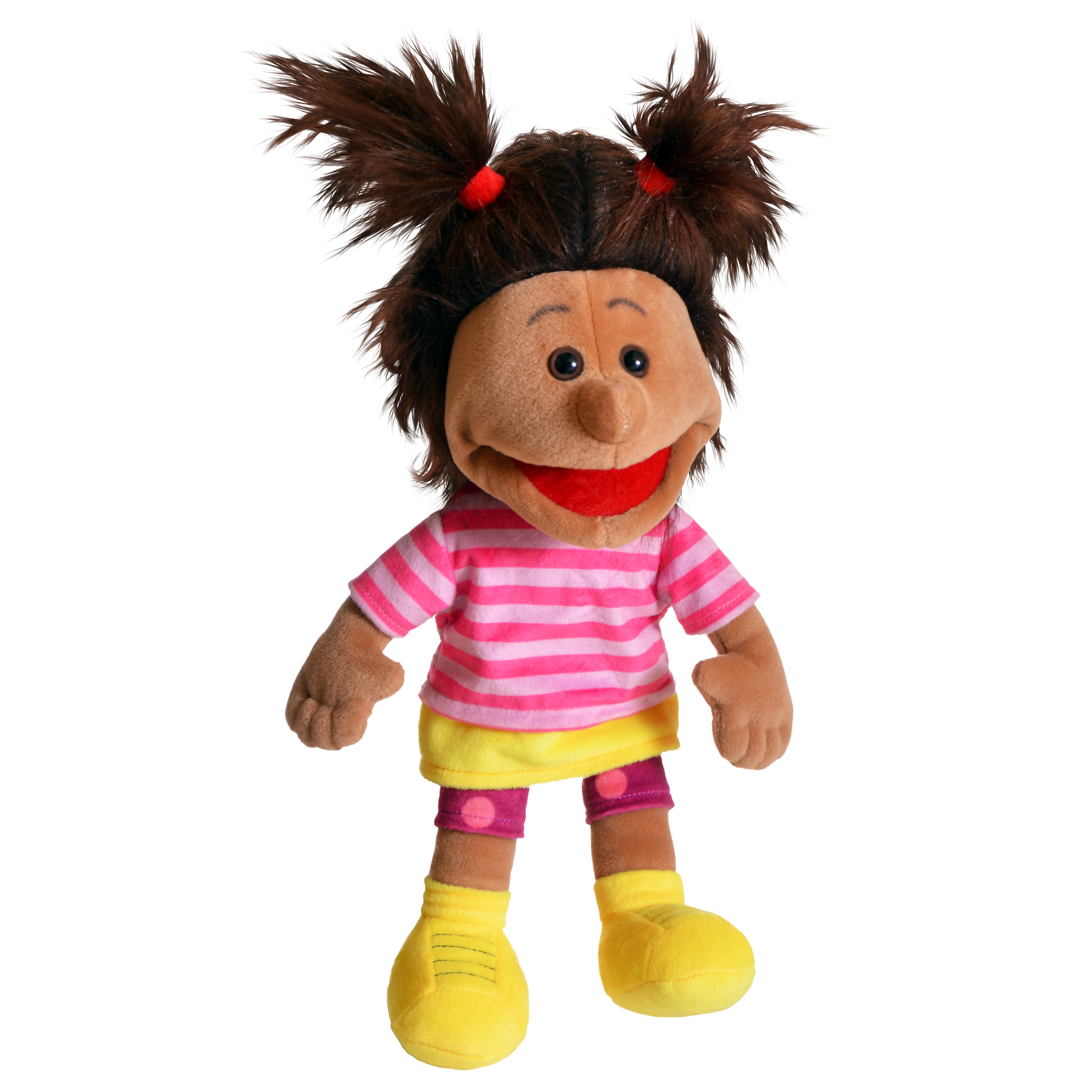 Living Puppets mini hand puppet Anita with brown pigtails, pink striped shirt and yellow shoes