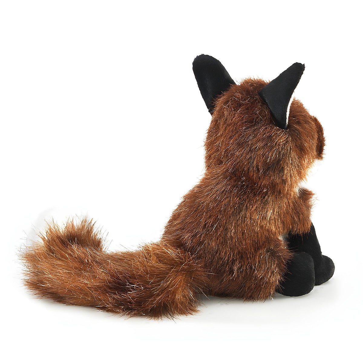 Folkmanis mini fox finger puppet shown from behind: red-brown fur, bushy tail, black paws and ears