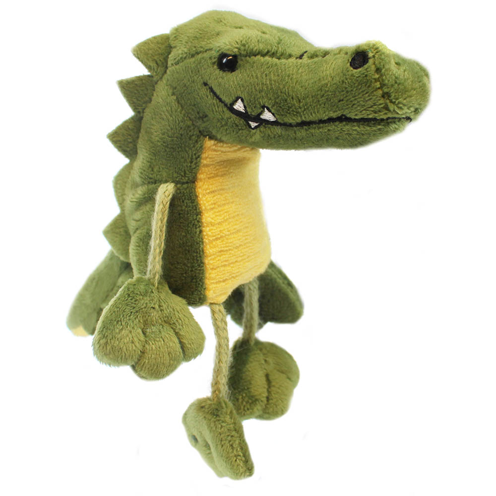 The Puppet Company finger puppet crocodile, green crocodile with ridges on its back and long fabric legs