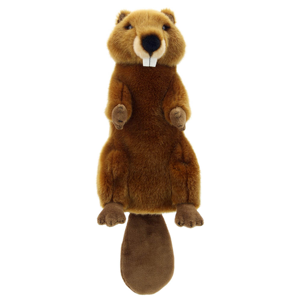 The Puppet Company baby hand puppet beaver, brown beaver puppet with white teeth and a broad tail, front view