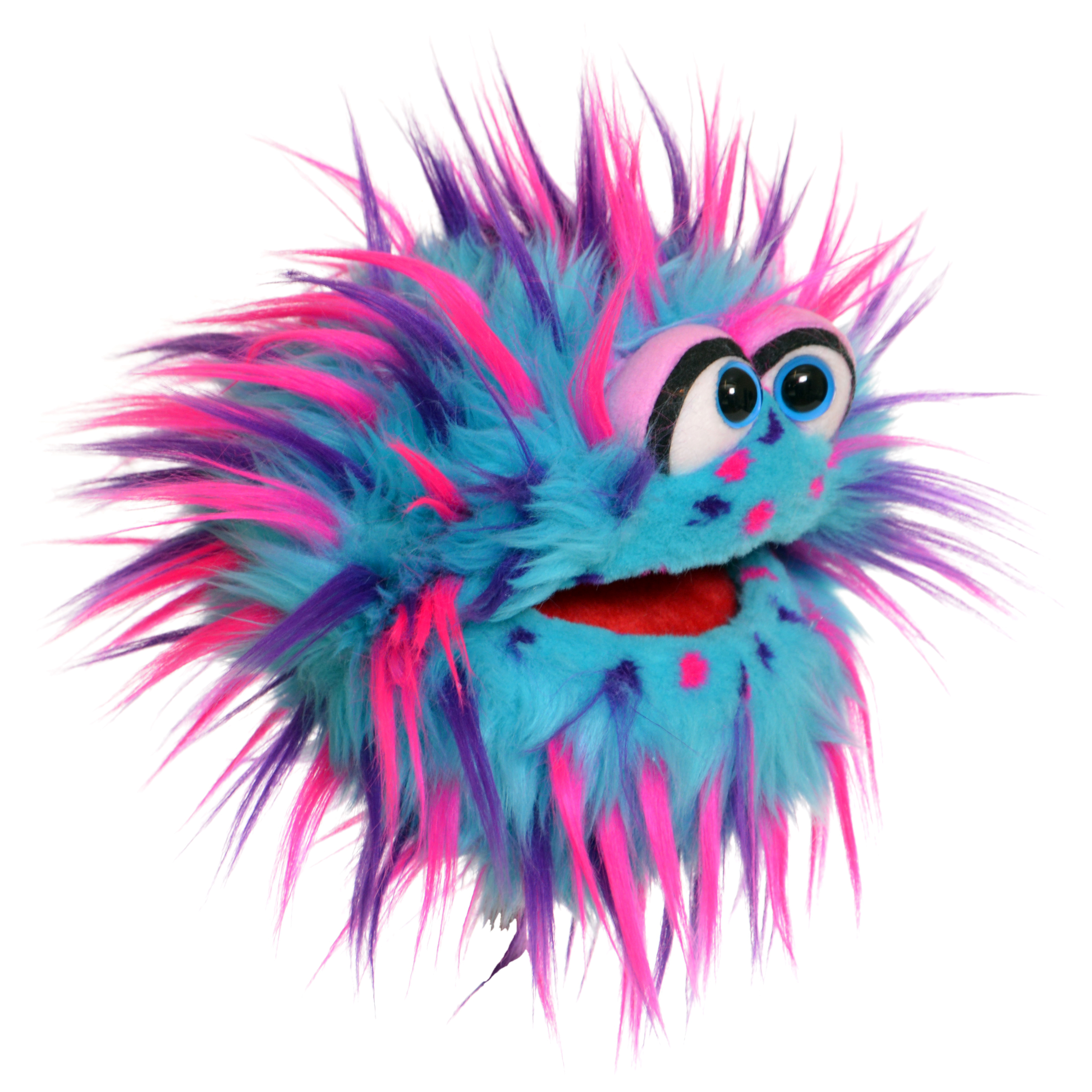 Living Puppets hand puppet Plops, blue shaggy monster with pink and purple strands, looking to the side, three-quarter view