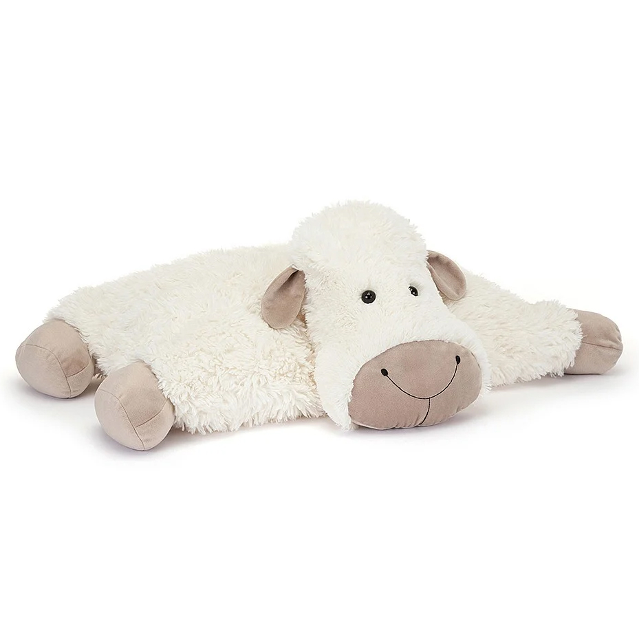 Jellycat plush toy Truffles Sheep Large, cream-coloured lying plush toy with beige paws, side view