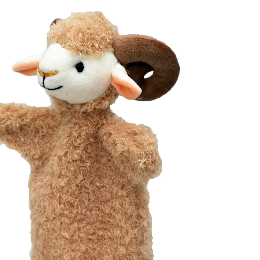 Punch and Judy puppet lamb by munabo with beige curly fleece, white face and brown horns, close-up