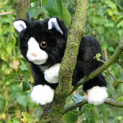 Living Puppets hand puppet black and white cat sitting on a branch among green leaves, outdoor shot