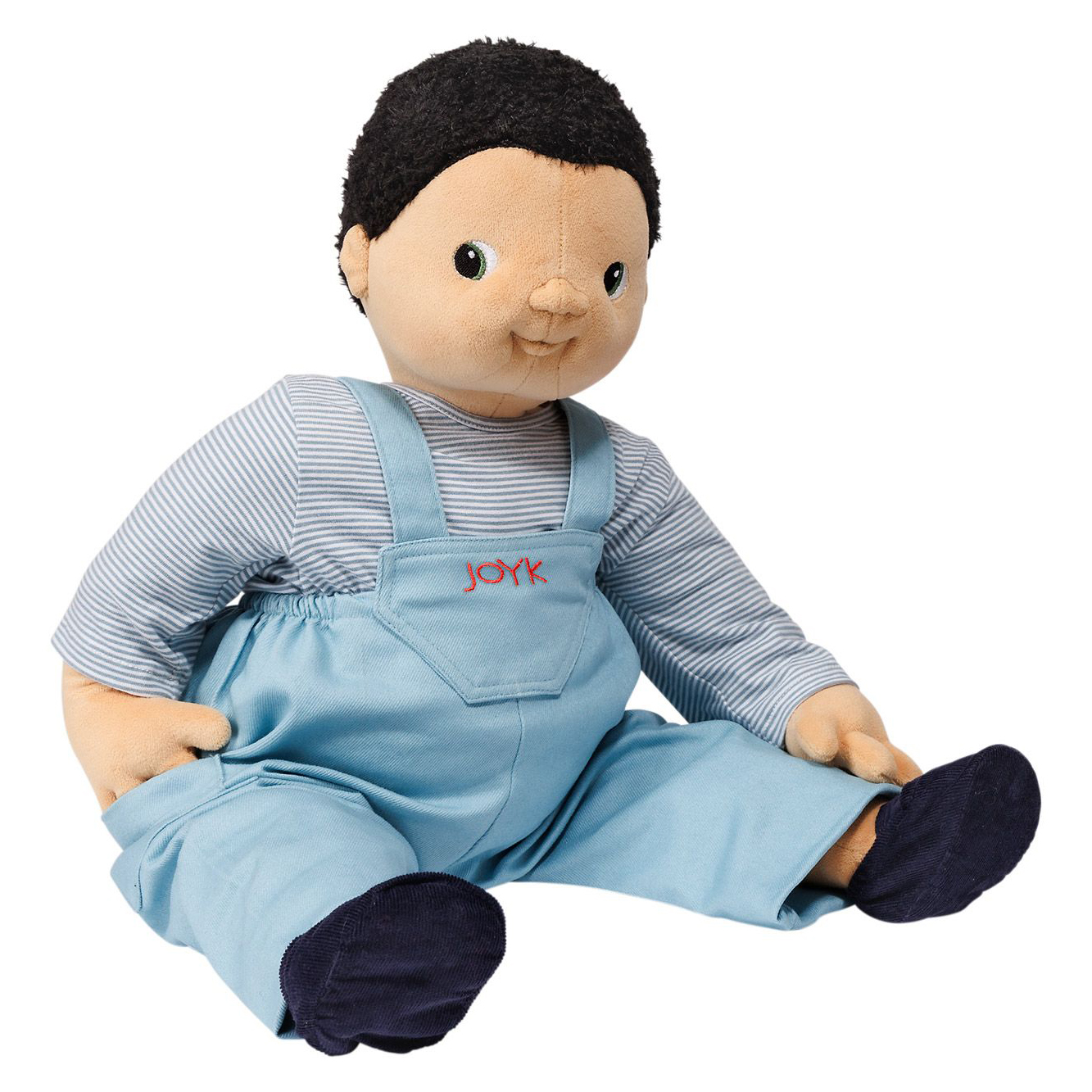 Joyk empathy doll Antonio sitting with hands in the pockets of the light blue dungarees