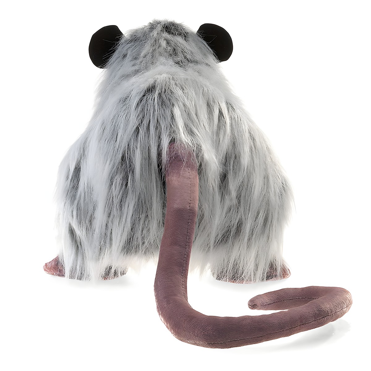Folkmanis opossum hand puppet seen from behind with grey-white long fur, black round ears and a long brown curling tail