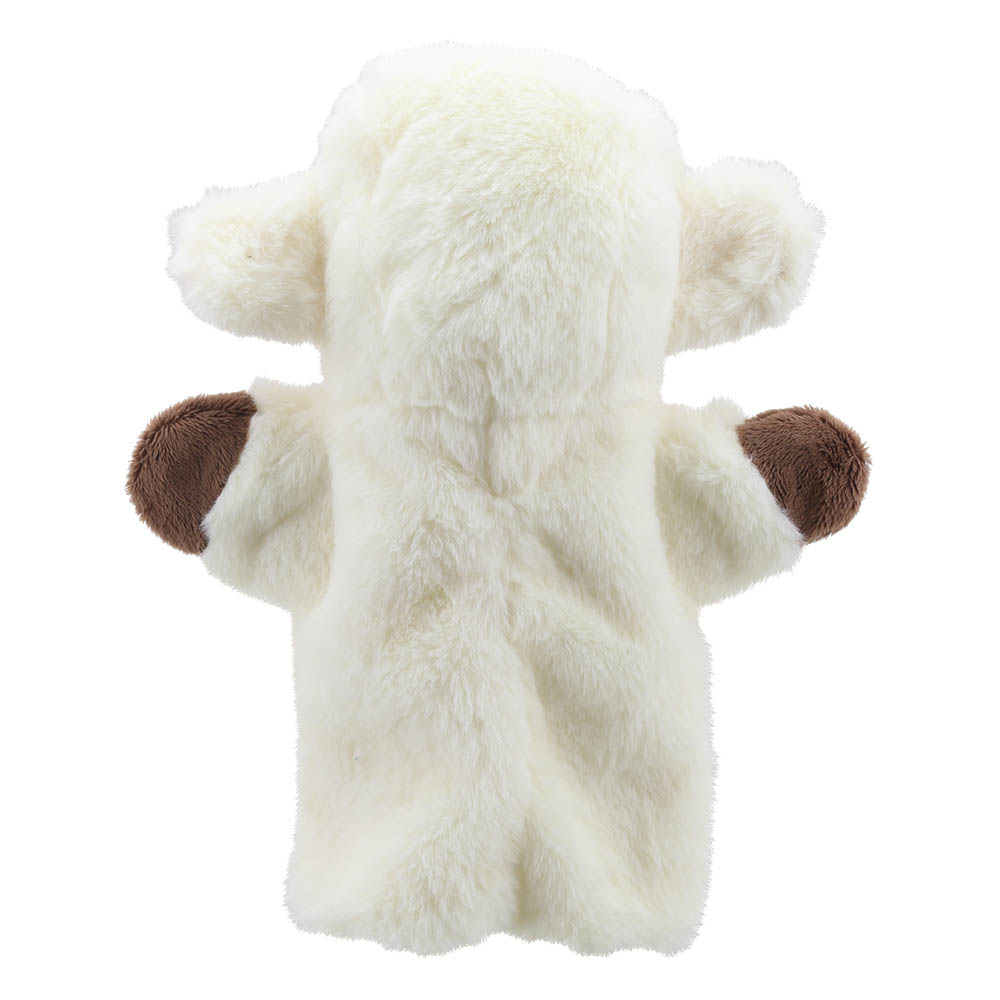 The Puppet Company baby hand puppet sheep, cream-white sheep with brown ears, back view