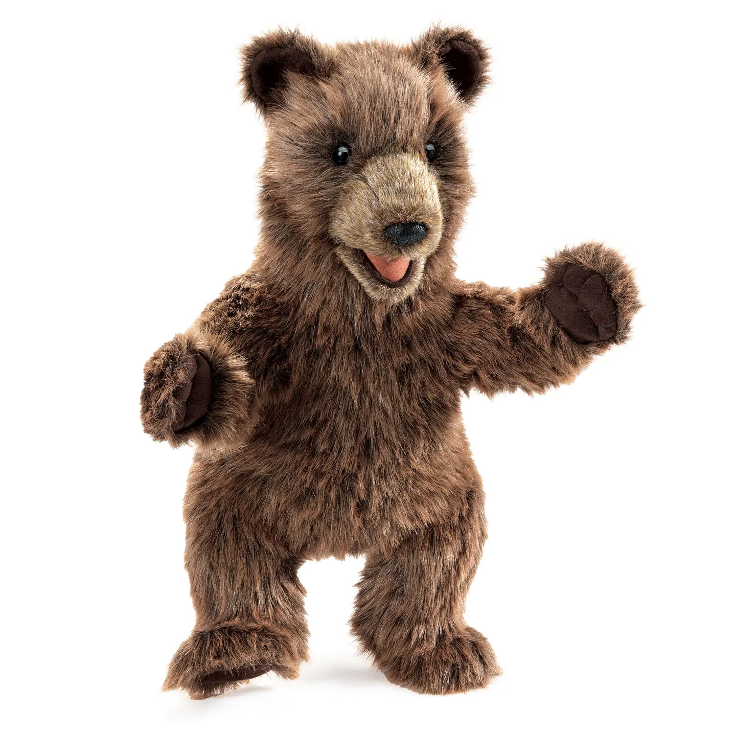 Folkmanis bear cub hand puppet in brown plush, standing with open mouth and raised paw, front view