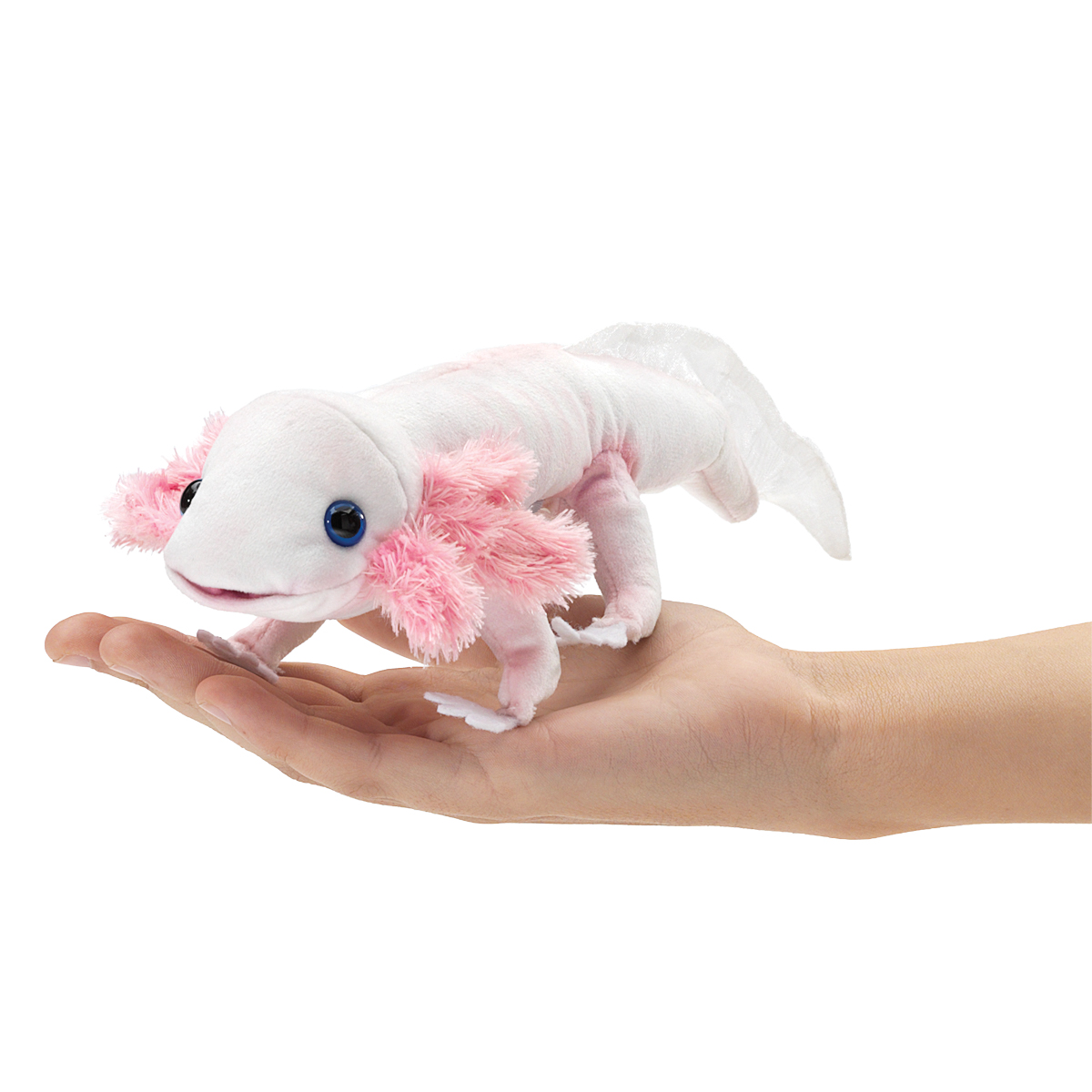 Folkmanis white axolotl finger puppet with pink gill tufts, balancing on a palm, side view