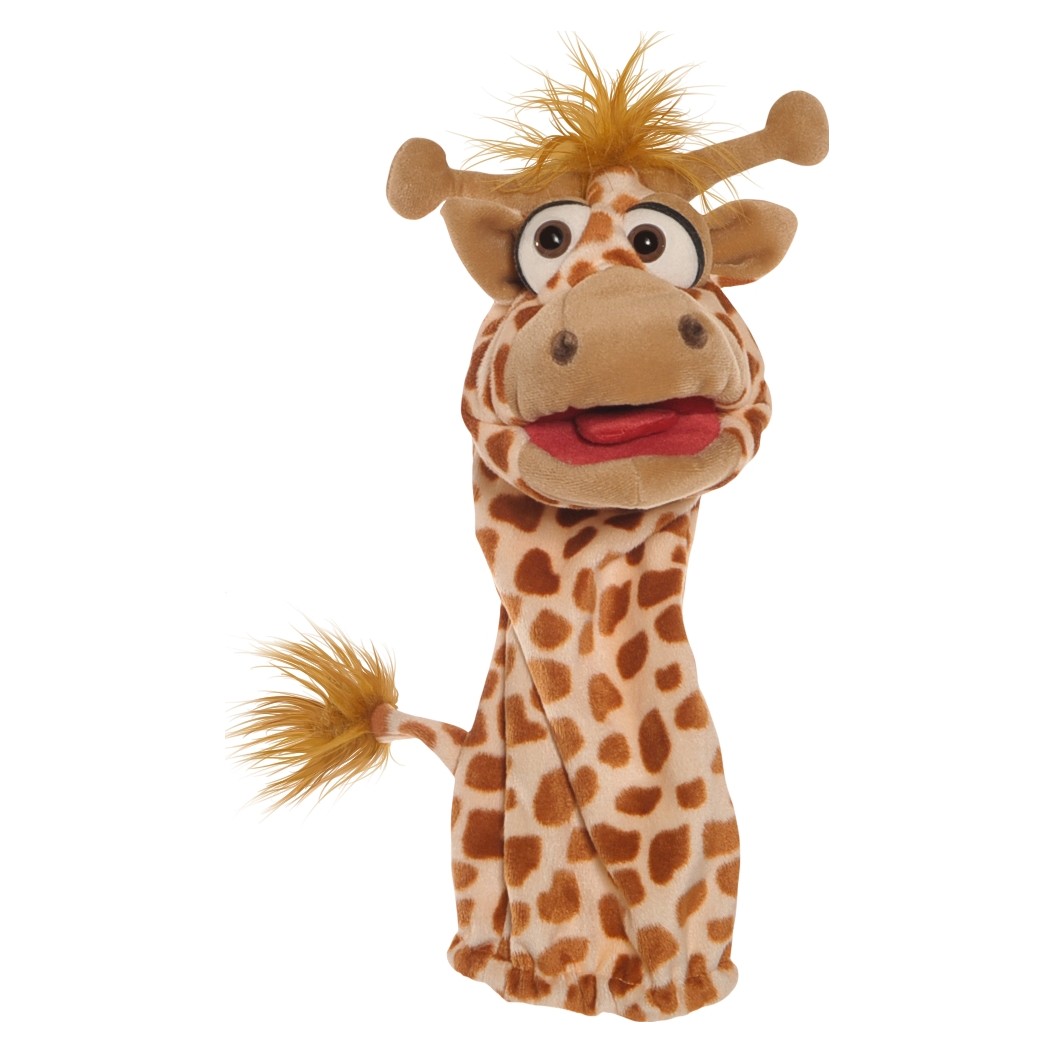 Living Puppets sock puppet giraffe from the chatter worm range with a spotted pattern, little horns and an open mouth