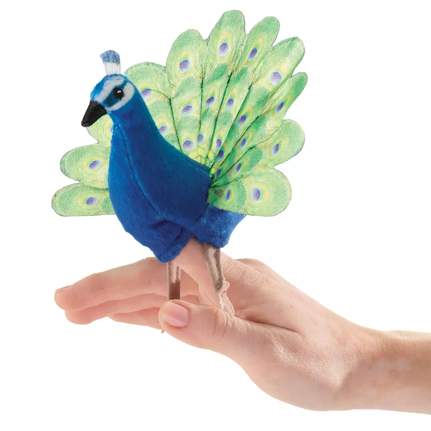Folkmanis mini peacock finger puppet in blue and green with fanned tail, balancing on a hand, side view
