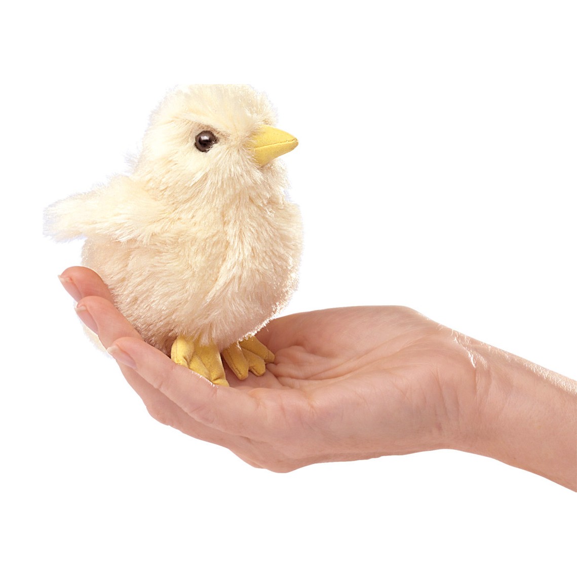 Folkmanis mini chick finger puppet in cream plush with a yellow beak, sitting on an open hand