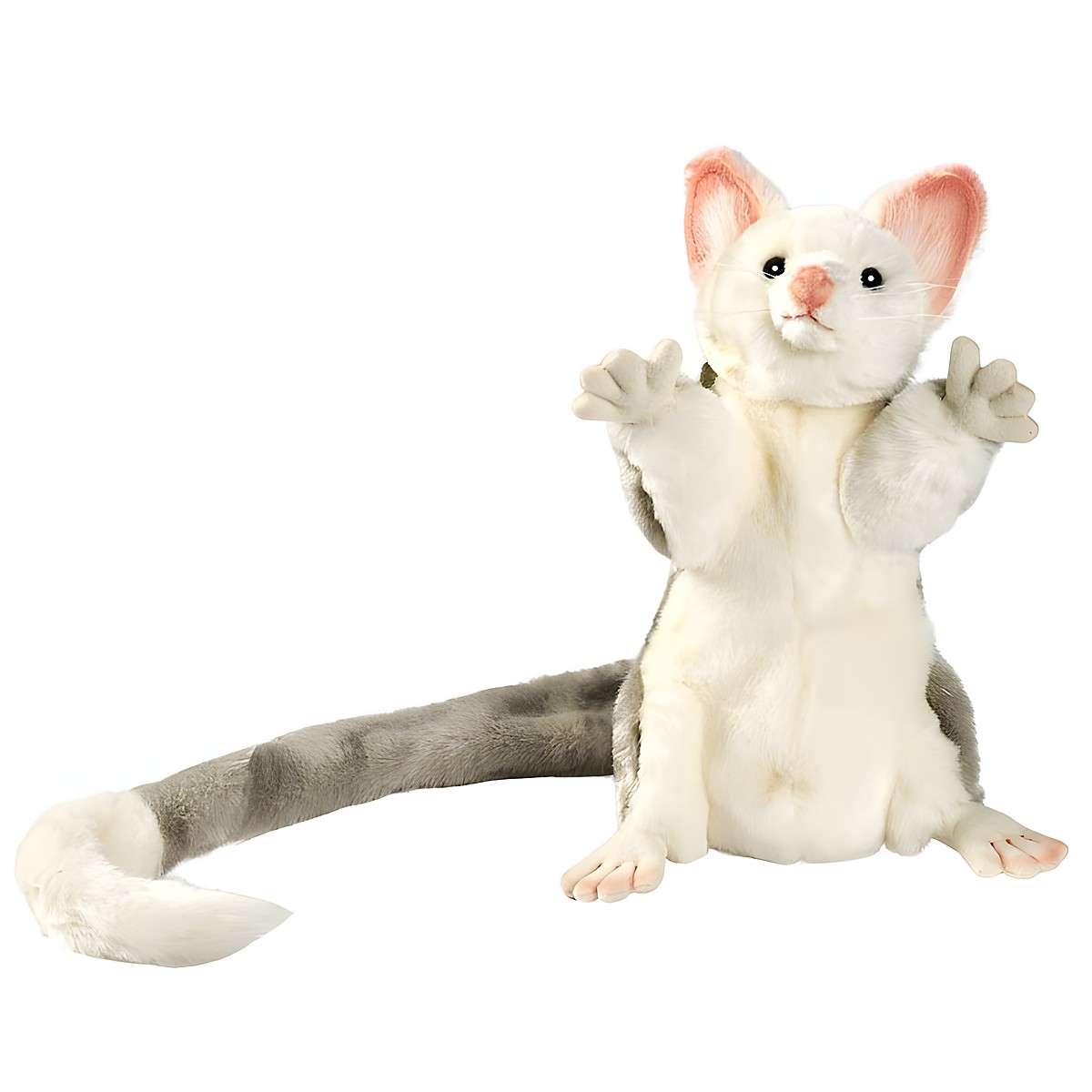 Opossum hand puppet by Hansa Creation with white fur, pink ears and a long grey prehensile tail