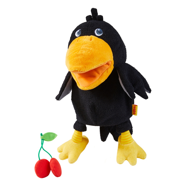 HABA baby hand puppet raven Theo, black raven with yellow beak and red plush cherry accessory