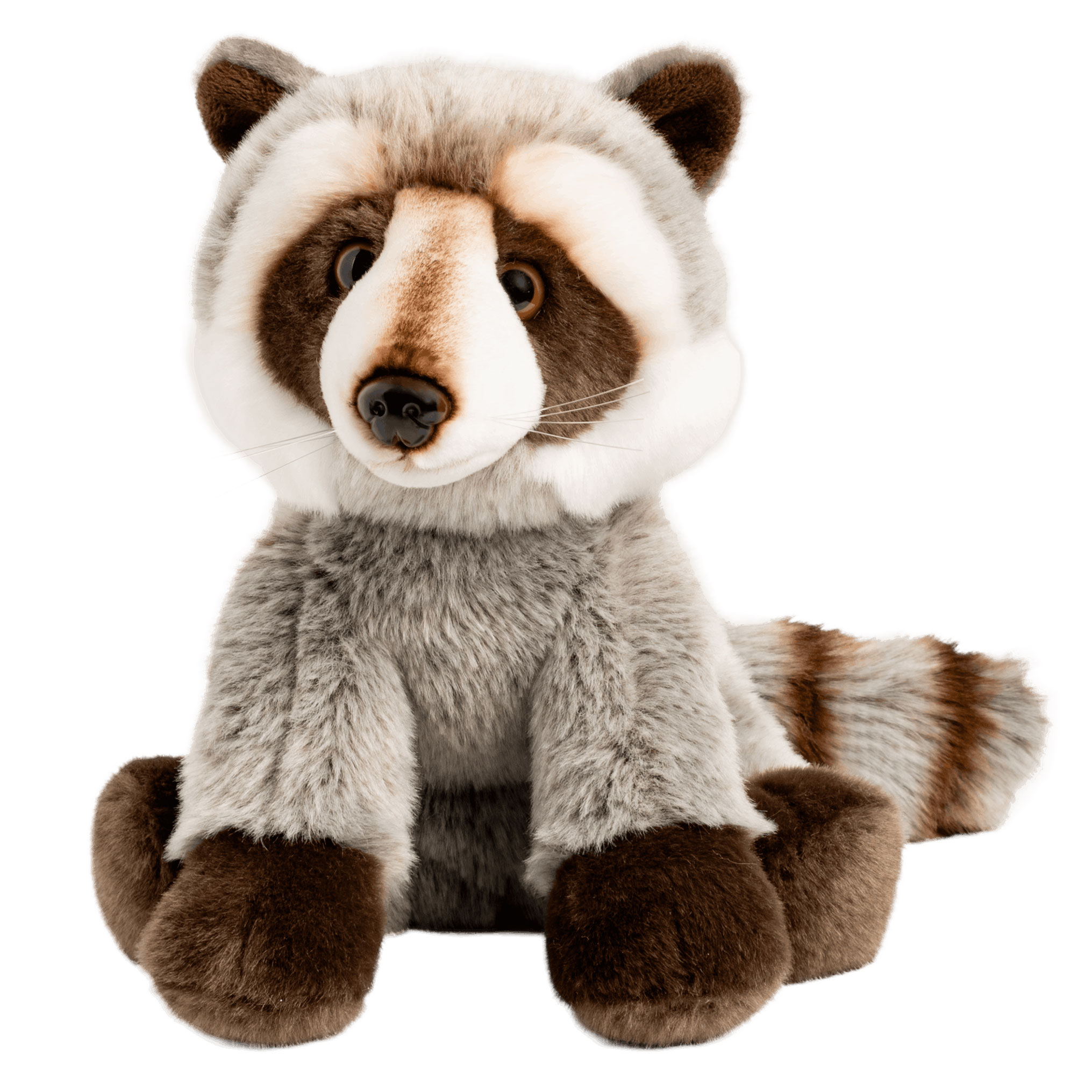 Anima raccoon soft toy, seated plush figure with grey fur, dark brown facial mask, white cheeks and ringed tail, shown from the front