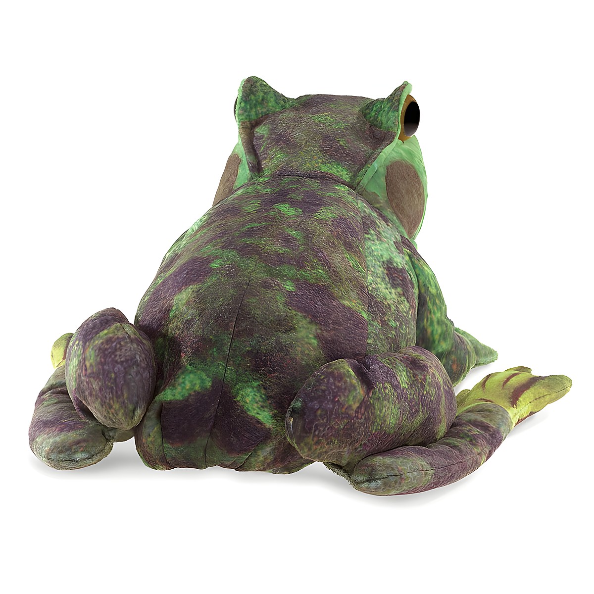 Folkmanis frog metamorphosis hand puppet seen from behind, green and purple mottled plush, seated pose, one eye visible