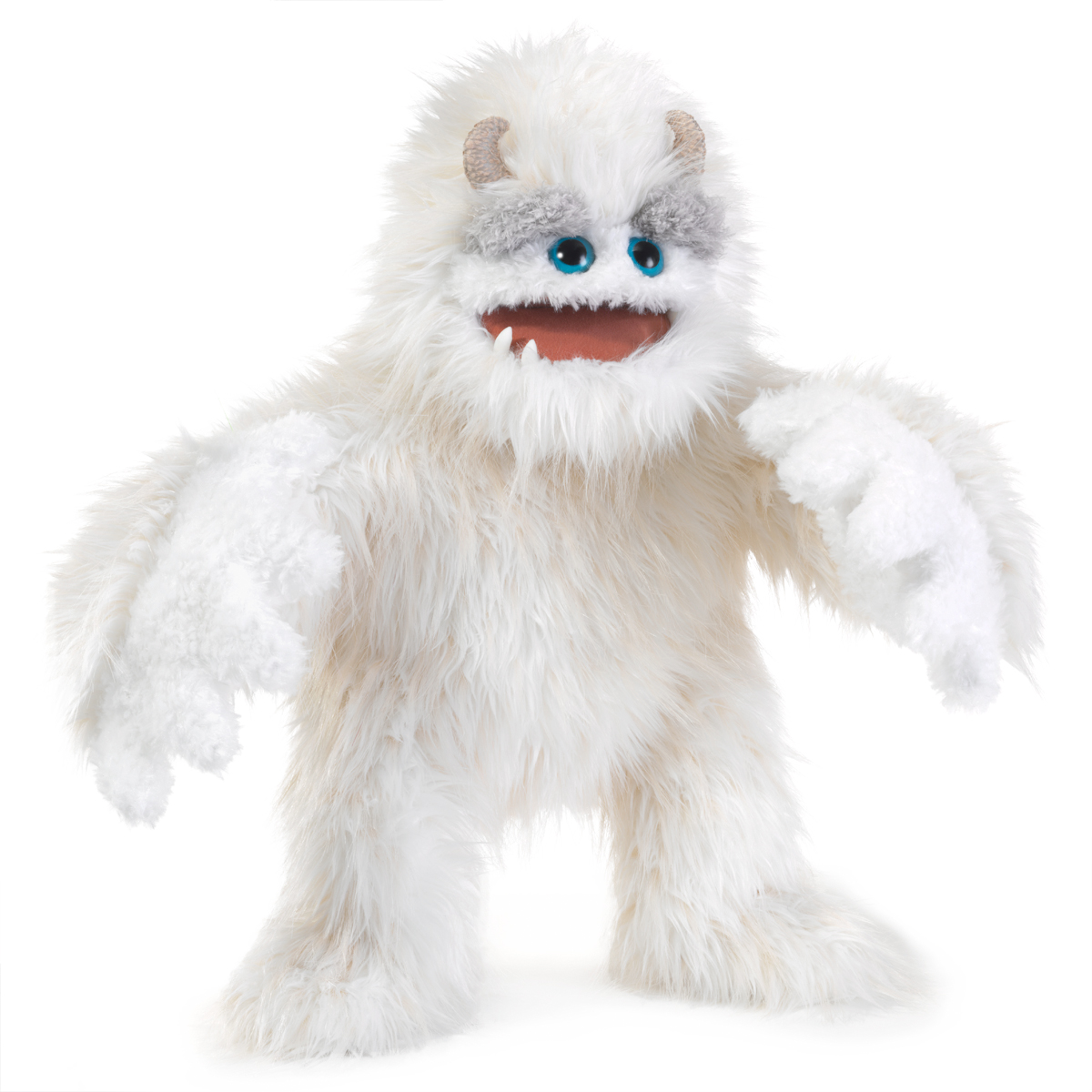 Folkmanis Yeti hand puppet in white long-pile plush with blue eyes, small horns and open mouth, front view