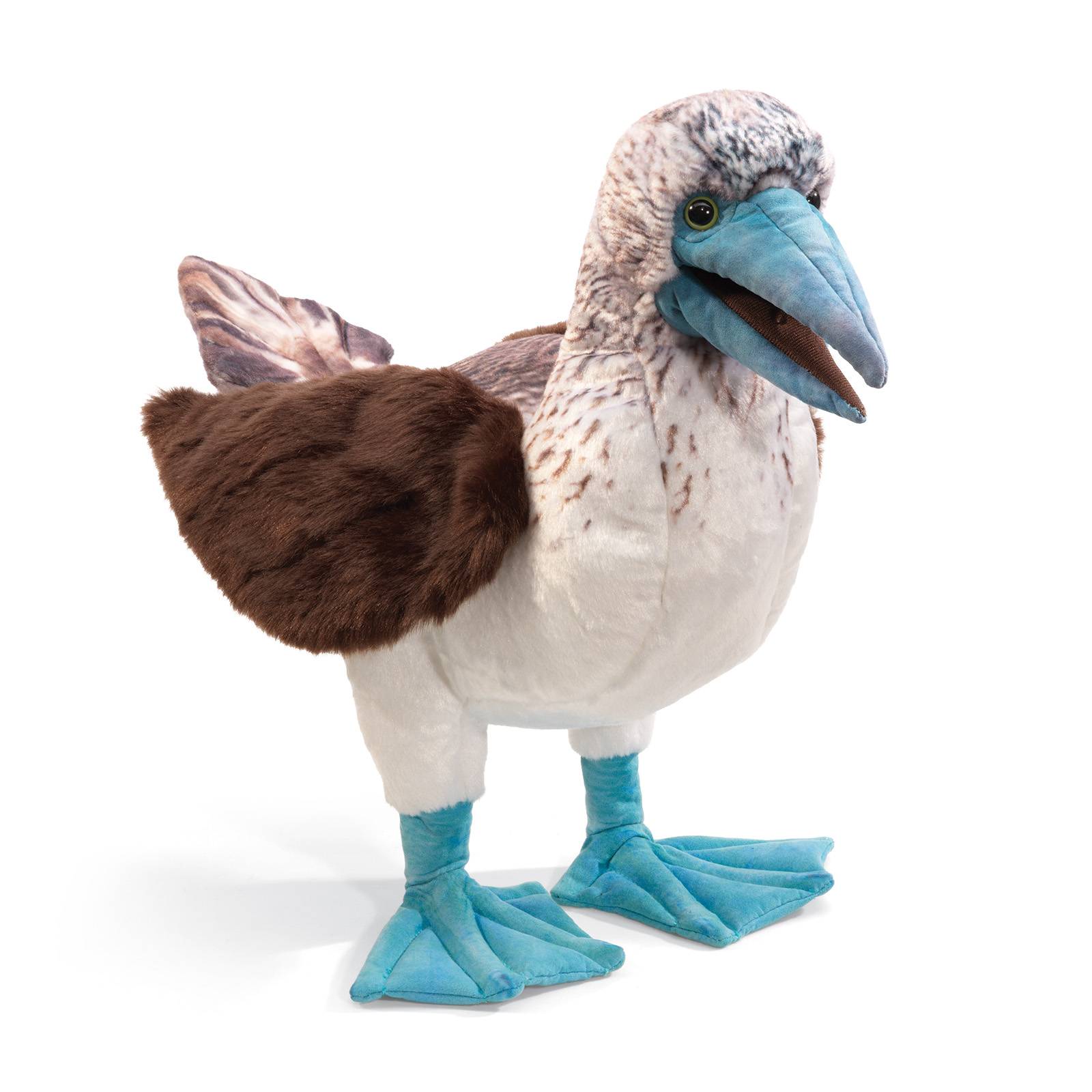 Folkmanis Blue-Footed Booby hand puppet standing, with turquoise webbed feet, blue beak and brown-white plumage