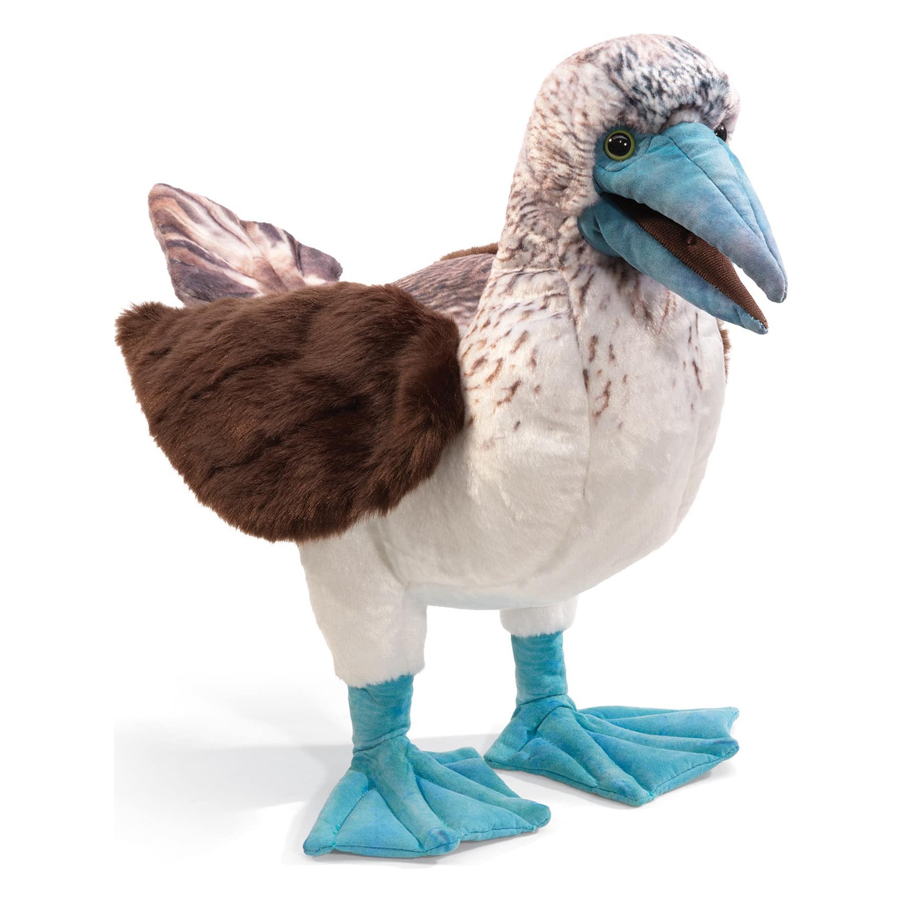 Folkmanis Blue-Footed Booby hand puppet standing, with turquoise webbed feet, blue beak and brown-white plumage