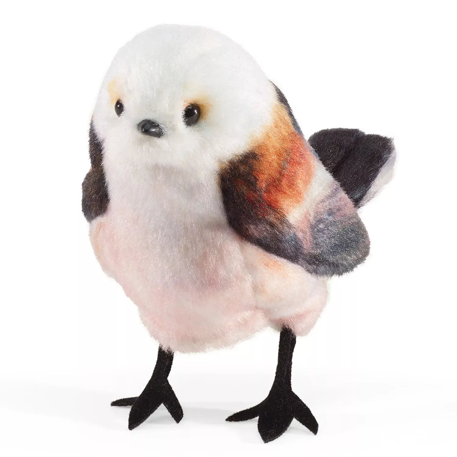 Folkmanis mini long-tailed tit finger puppet with white head, rust-coloured and grey wings, and black legs, front view