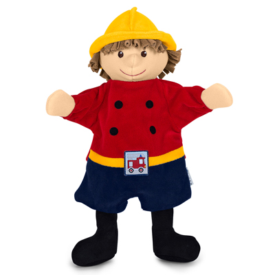 Sterntaler baby hand puppet firefighter, yellow helmet, red top and a fire-engine emblem on the belt