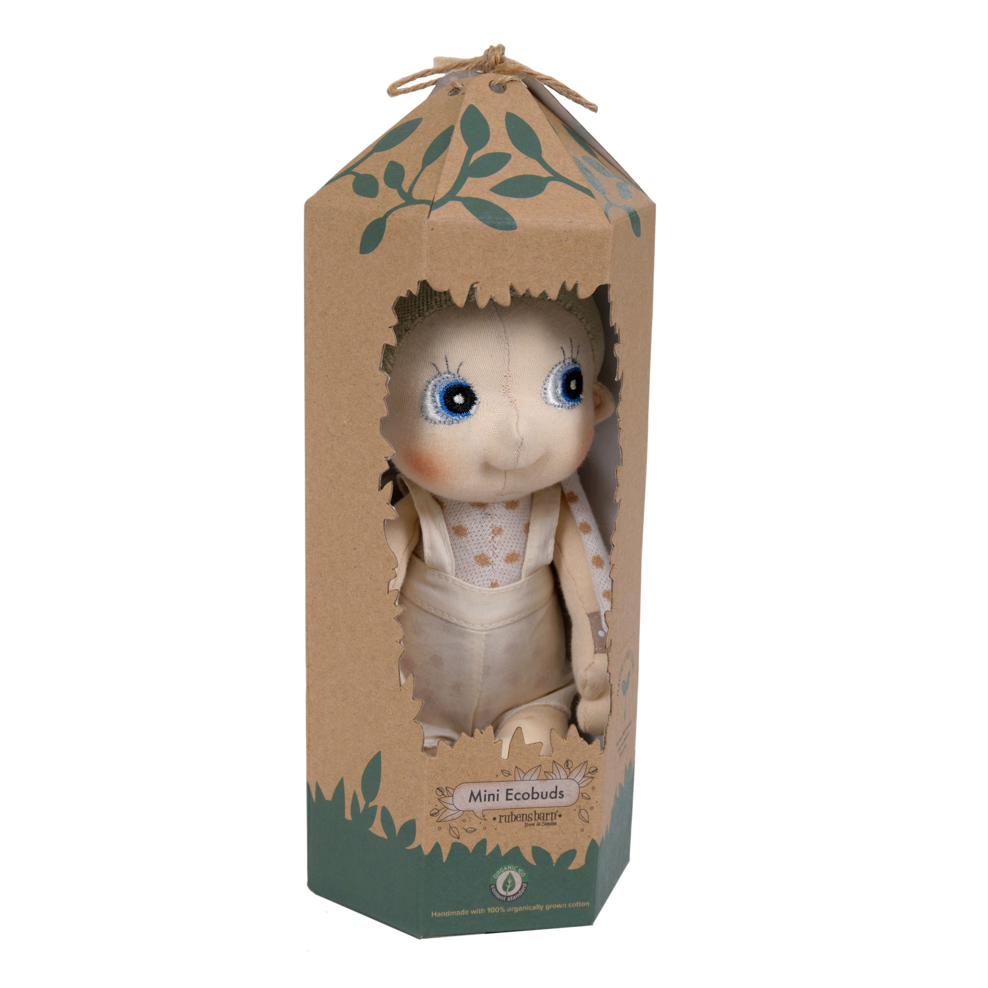 Rubens EcoBuds mini doll Elm in the natural cardboard packaging
