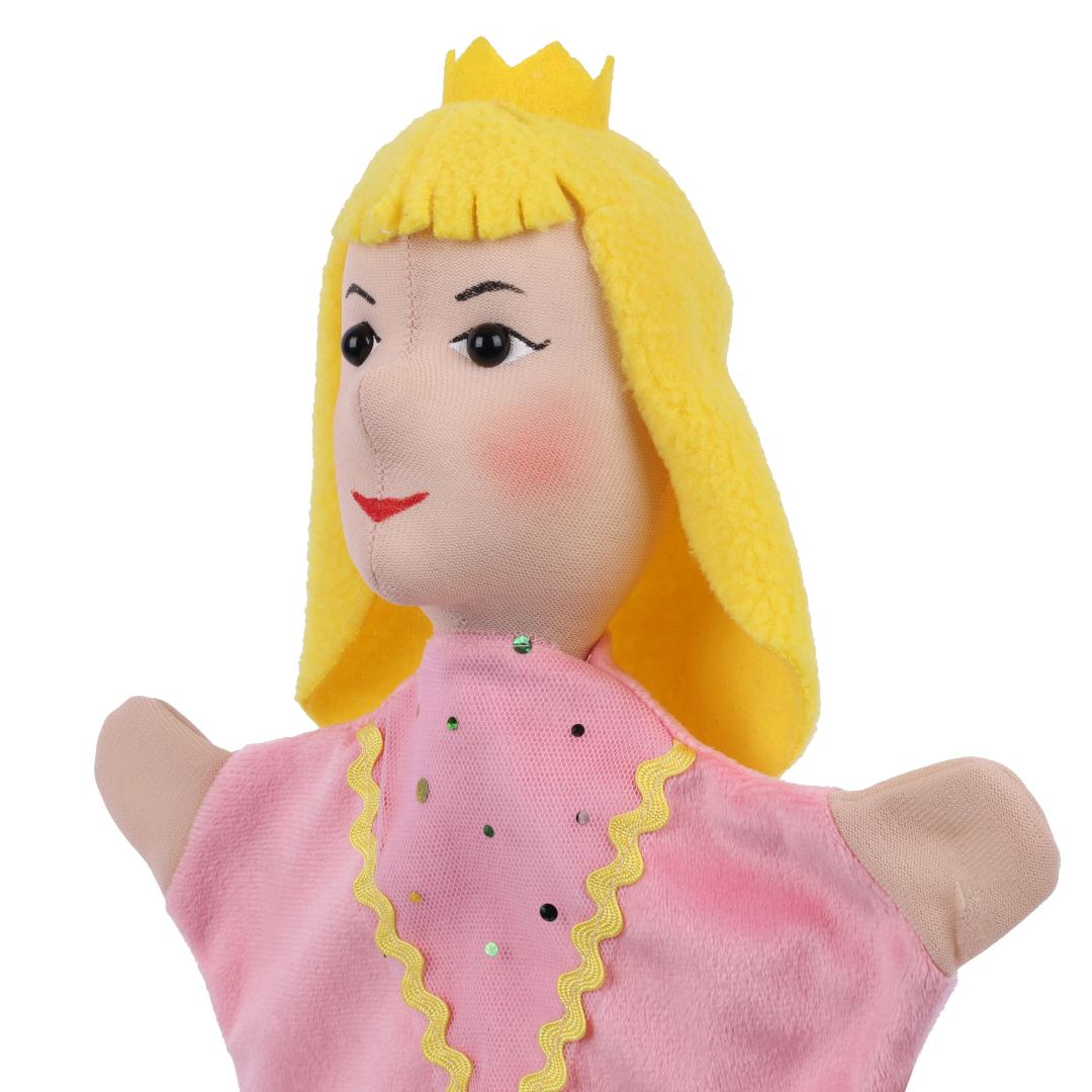 Princess hand puppet by munabo, close-up of the face with the gold crown and red-painted mouth.