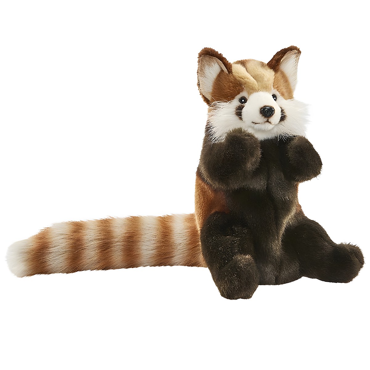 Red panda hand puppet by Hansa Creation with russet fur, white facial markings and a ringed tail