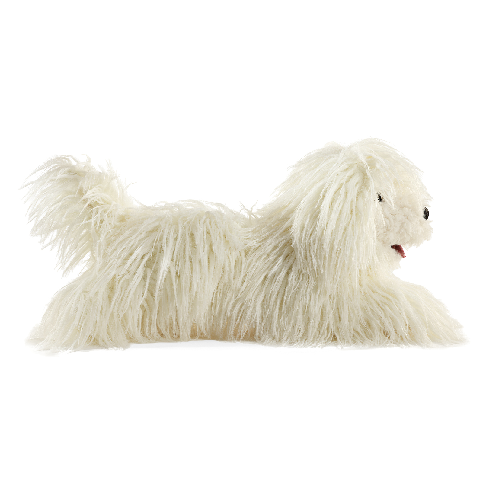 Folkmanis Komondor hand puppet lying side-on, its shaggy fur falling over the whole body with the mouth open and tongue showing.