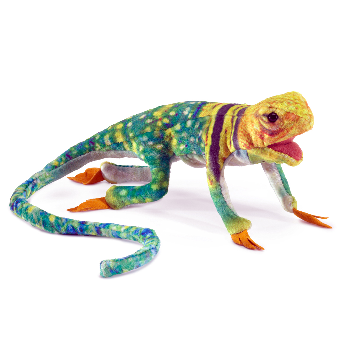 Folkmanis finger puppet mini collared lizard in green-yellow with purple stripes, outstretched pink tongue and orange claws