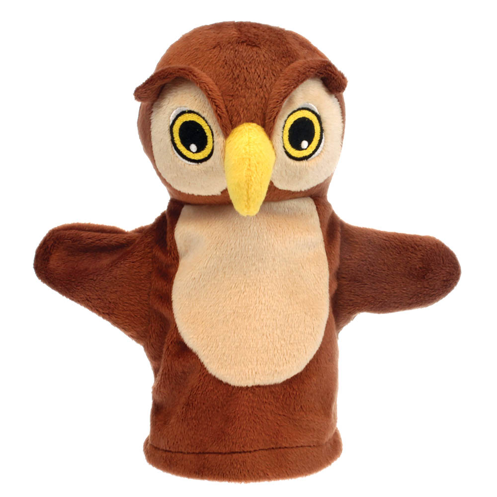 The Puppet Company baby hand puppet owl, brown puppet with big yellow eyes and a beige belly