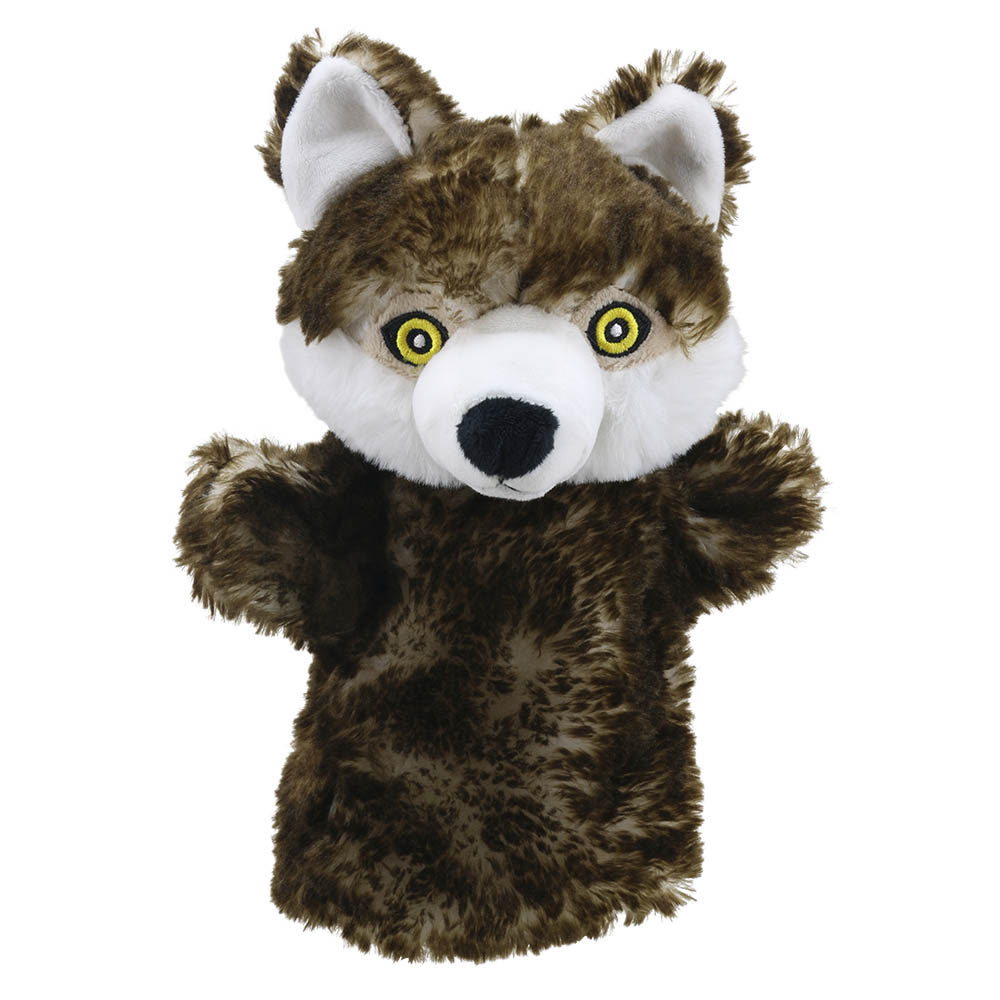 The Puppet Company baby hand puppet wolf, grey-brown wolf with a white muzzle, white chest and yellow eyes