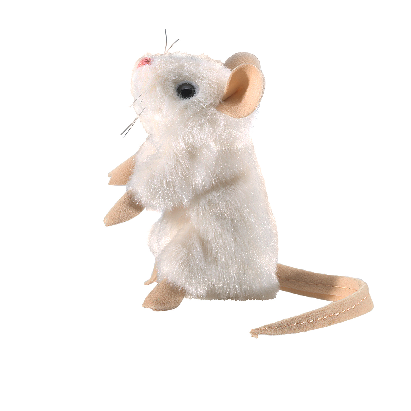 Folkmanis finger puppet mini white mouse with beige tail and ears, silver whiskers, sitting upright