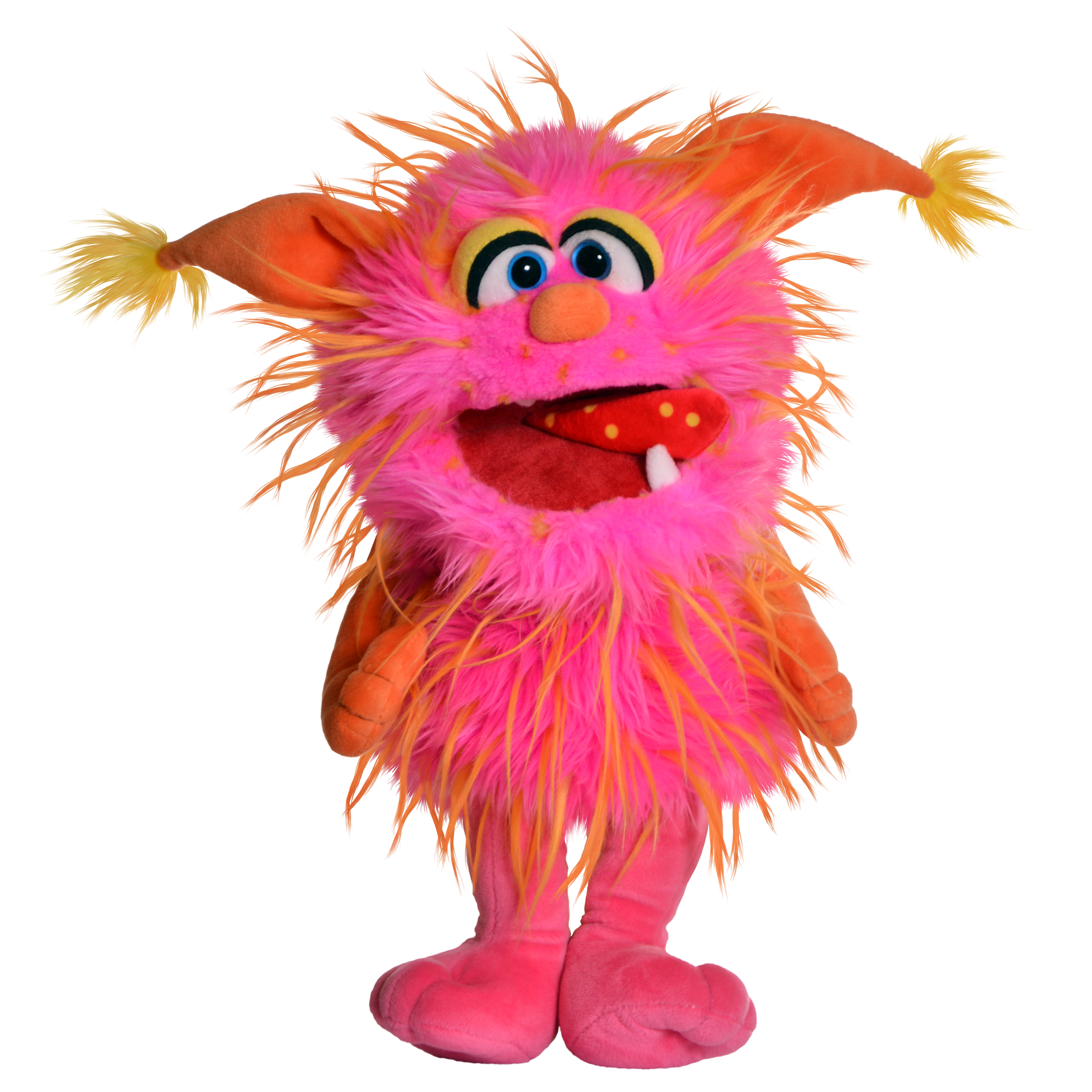 Living Puppets hand puppet Schmackofatz from the Monster to go series, pink shaggy monster with orange ears and a dotted tongue