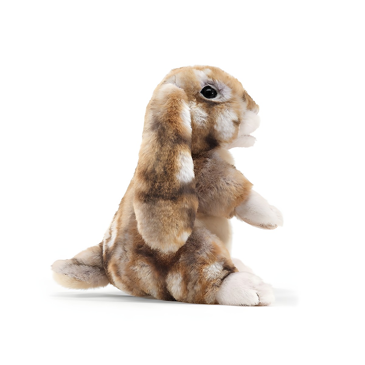 Folkmanis hand puppet lop-eared rabbit in brown and white fur, sitting with drooping ears, side view