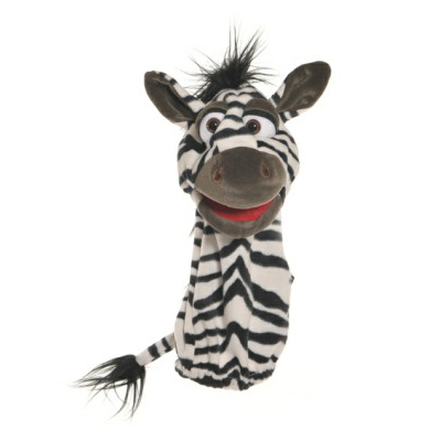 Living Puppets sock puppet zebra from the chatter worm range, black and white striped with a dark mane and an open mouth