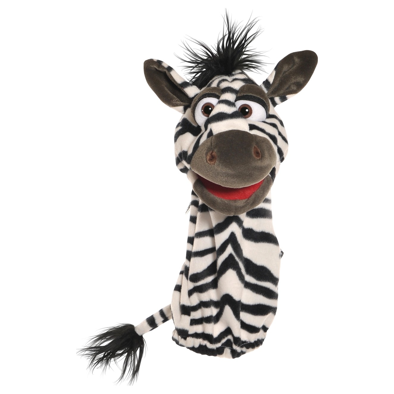 Living Puppets sock puppet zebra from the chatter worm range, black and white striped with a dark mane and an open mouth