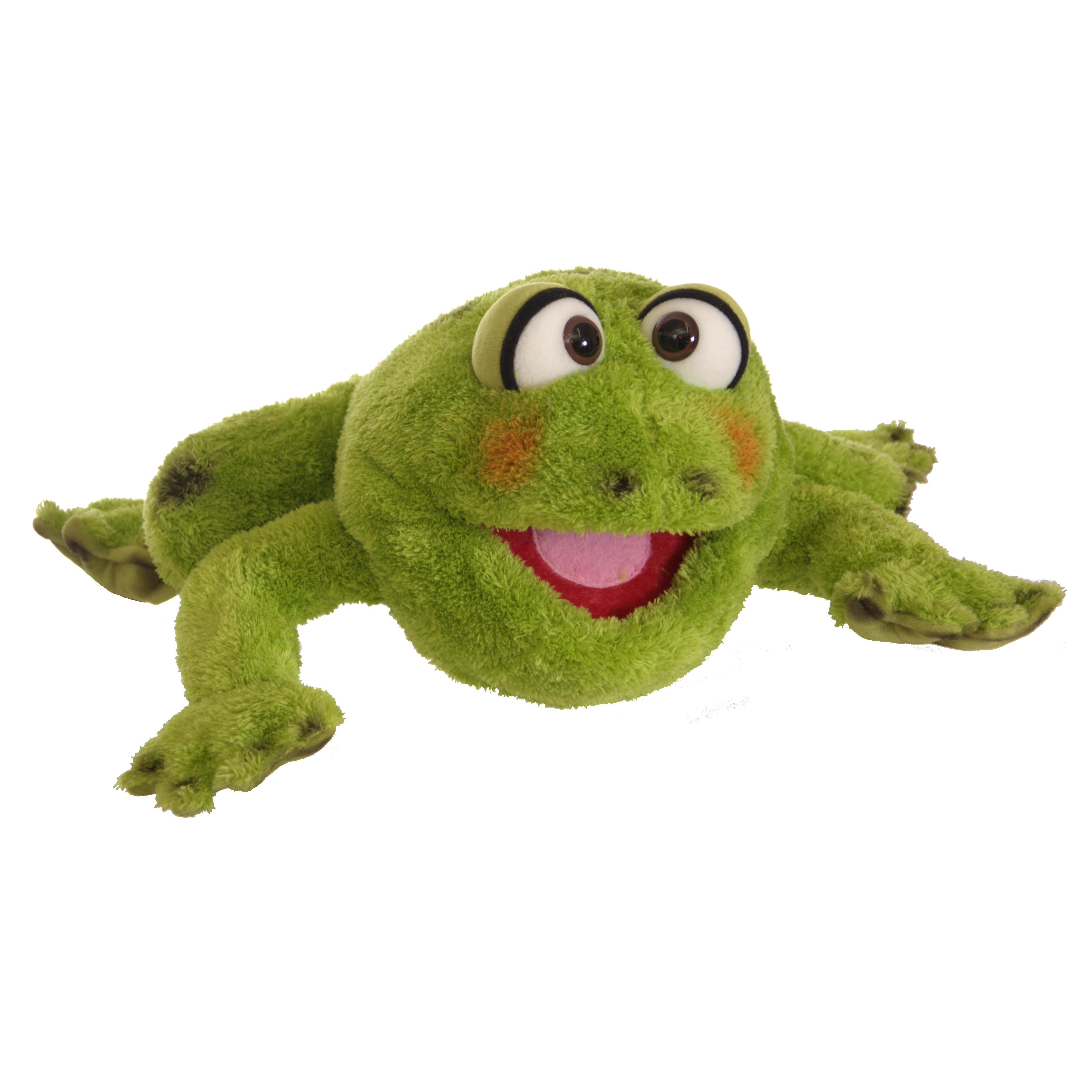 Living Puppets hand puppet Rolf the frog with green shaggy fur and big eyes, lying flat with legs stretched out